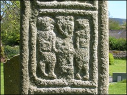 Castledermot, North Cross, west face, shaft, Susanna delivered from her tempters, Co. Kildare, Ireland