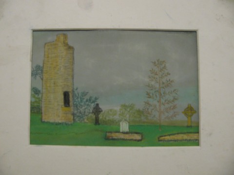 Old Kilcullen round tower and crosses, County Kildare, Ireland, original art