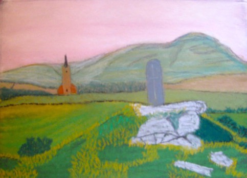 Glencolumcille, Co. Donegal, Ireland, church and stop on pilgrimage path, pastel chalk