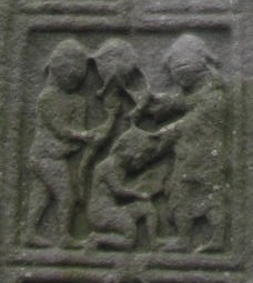 Monasterboise Tall Cross East 4. Right.  Samuel Anoints David; Left David with the Head of Goliath