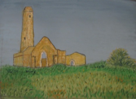 Scattery Island monastery, County Clare, Ireland, original art, pastel chalk