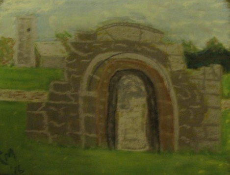 Saint Brigid's church, Inis Cealtra, County Clare, Ireland.  Original art, pastel chalk